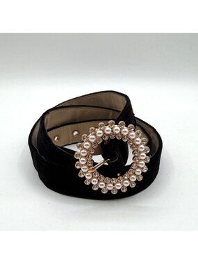 SM Black Velvet Belt Circular Faux Pearl and Rhinestone Buckle